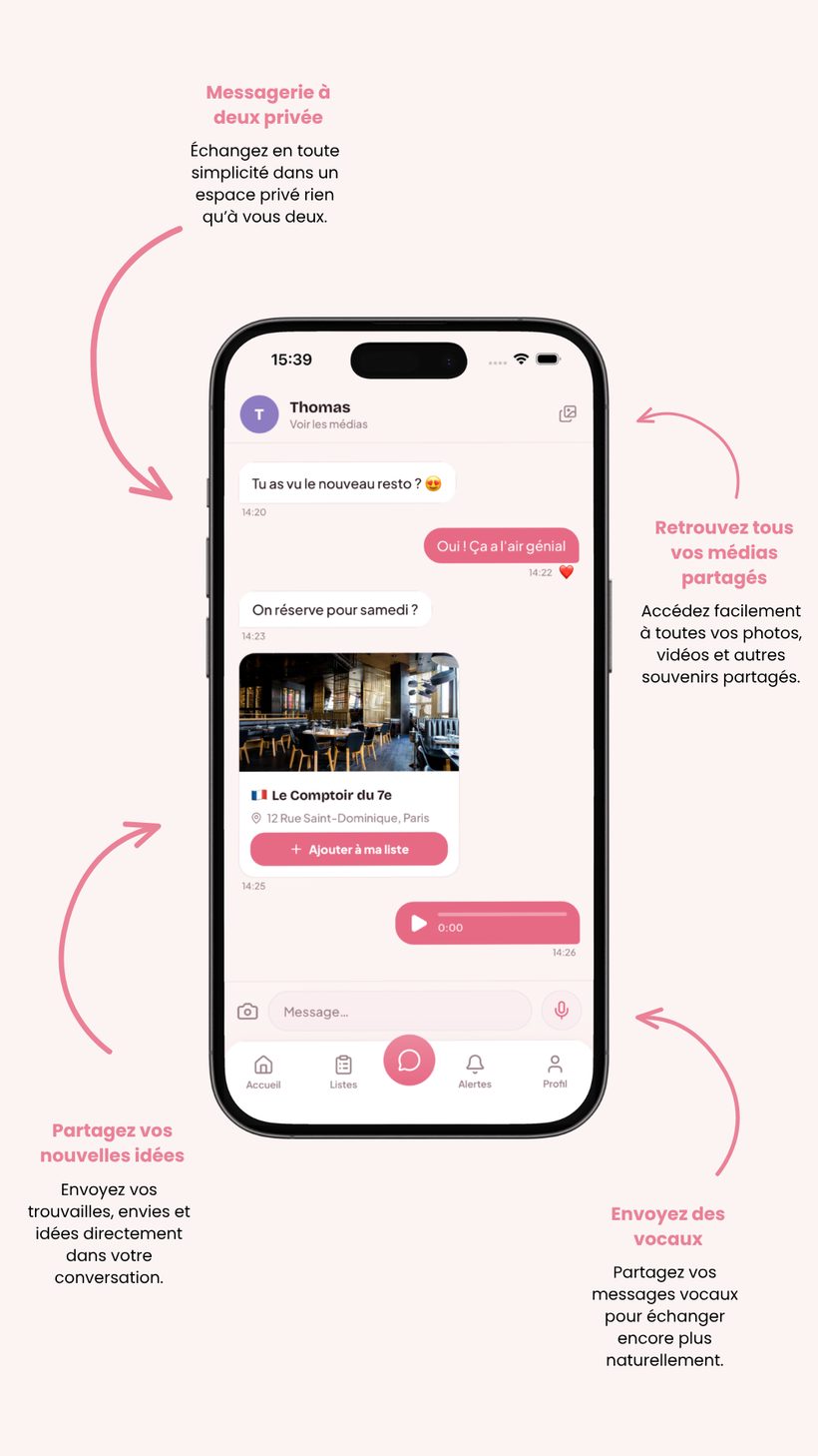 Écran de messagerie privée de DUO : conversation à deux, partage de lieux, médias et messages vocaux