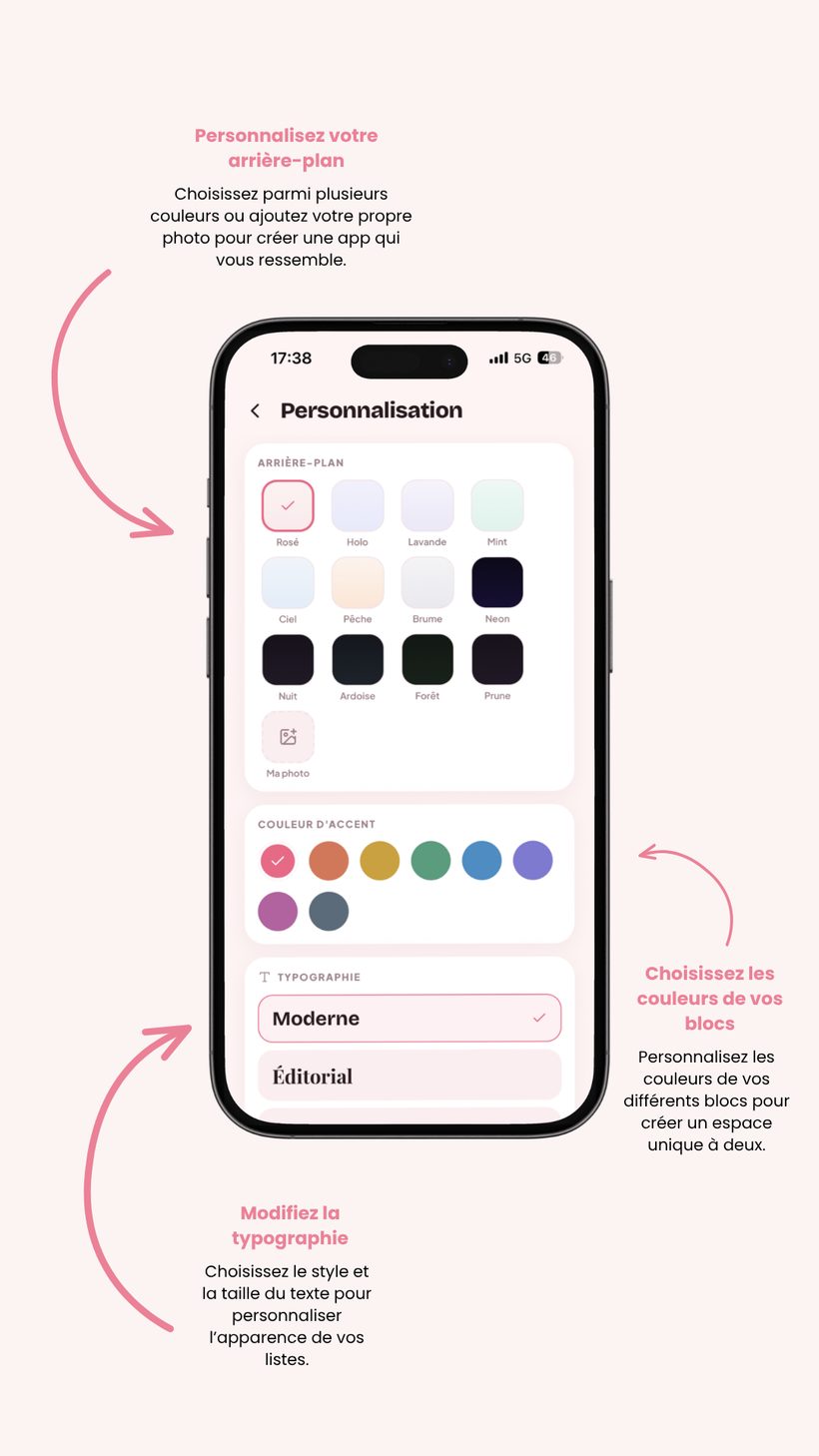 Écran Personnalisation de DUO : arrière-plan, couleurs d'accent et typographie personnalisables