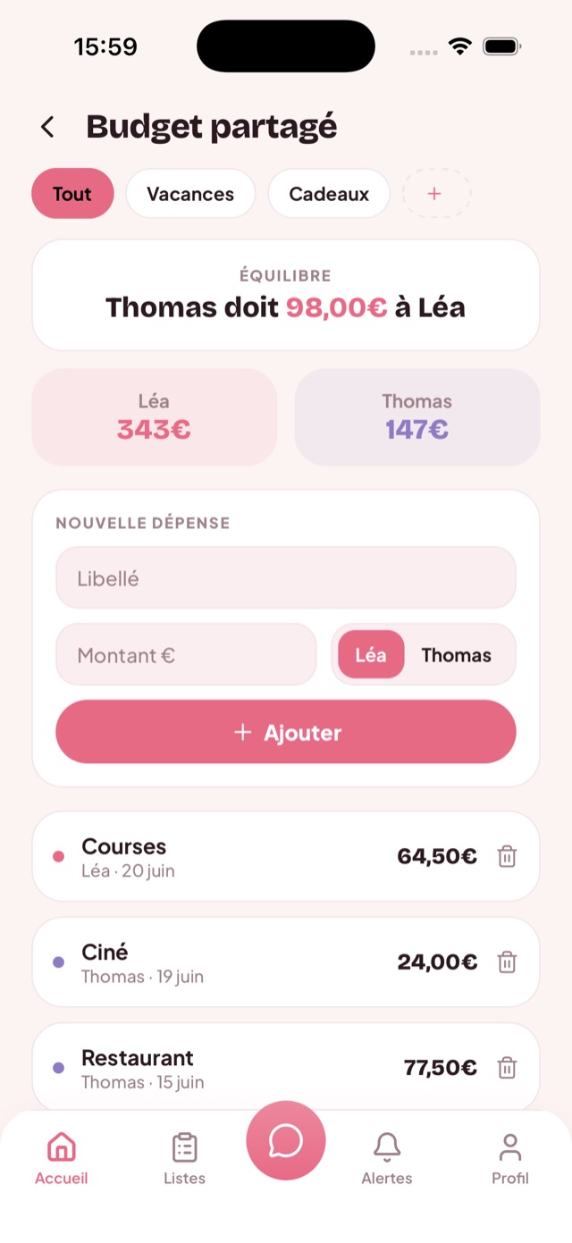 Écran Budget partagé de DUO : équilibre des dépenses, qui doit combien et sous-budgets par catégorie