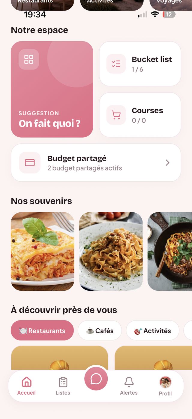 Écran Notre espace de DUO : suggestions du jour, bucket list, courses, budget partagé et lieux à découvrir