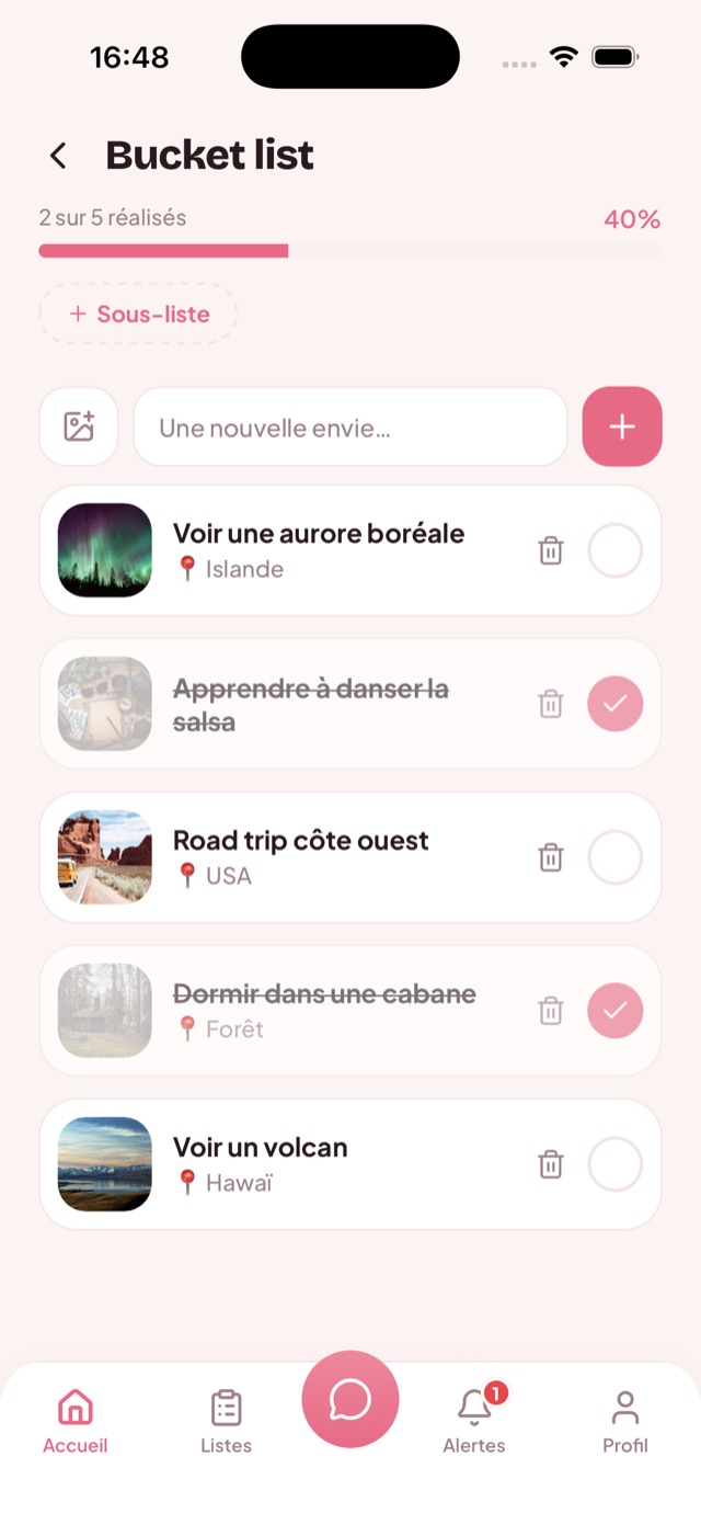 Écran Bucket list de DUO : progression à 40 %, envies à deux comme voir une aurore boréale ou un road trip côte ouest