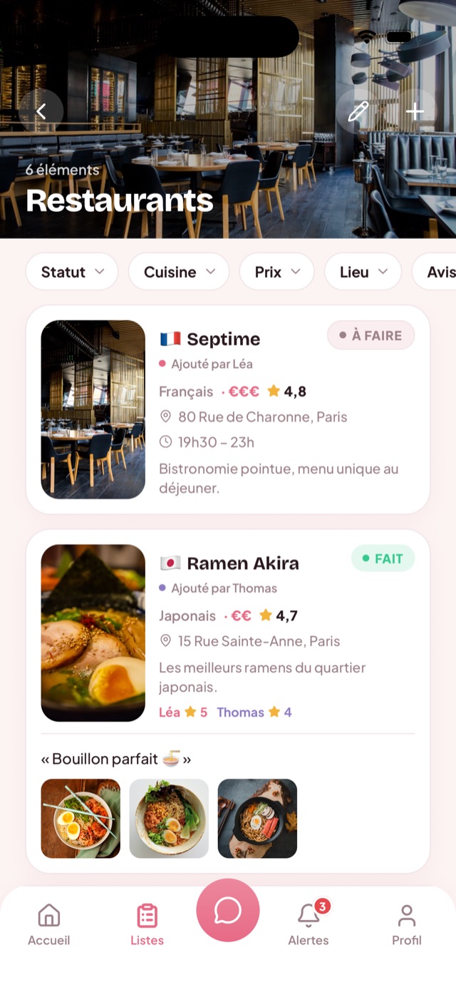 Écran fiche des restaurants dans l'application DUO avec avis et notes croisés