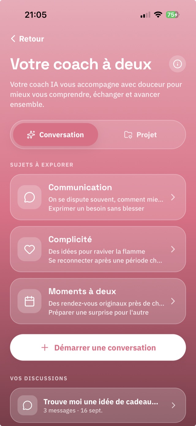 Écran de l'assistant IA de DUO : sujets à explorer et conversation privée