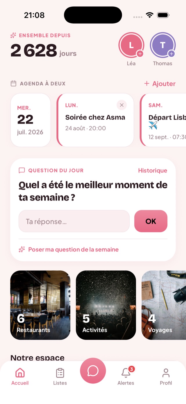 Écran d'accueil de l'application DUO : compteur de jours ensemble, agenda à deux et question de la semaine