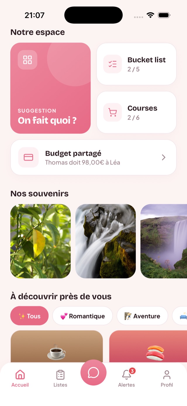 Écran Notre espace de DUO : suggestion On fait quoi, bucket list, courses, budget partagé, souvenirs et lieux à découvrir près de vous
