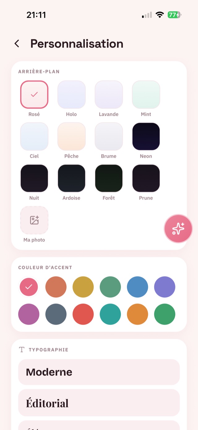 Écran Personnalisation de DUO : arrière-plan, couleurs d'accent et typographie personnalisables